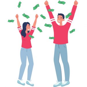 Two cartoon people celebrating winning the lottery by throwing cash in the air wearing red shirts and jeans.