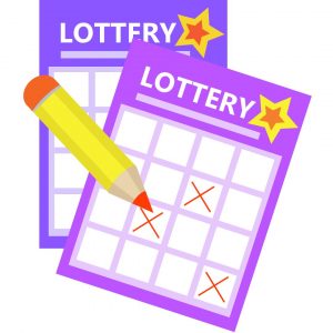 image of lottery tickets with yellow pencil on a purple background.