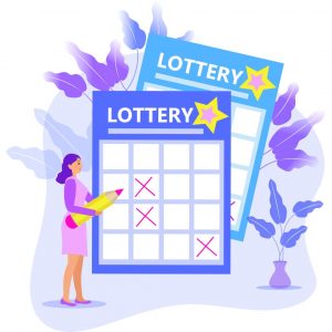 Graphic of a person playing the lottery holding a pencil crossing out the winning numbers