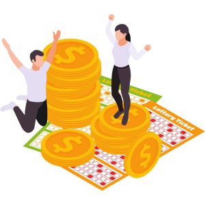 Graphic of two people playing and winning the lottery featuring a pile of coins and two lottery cards