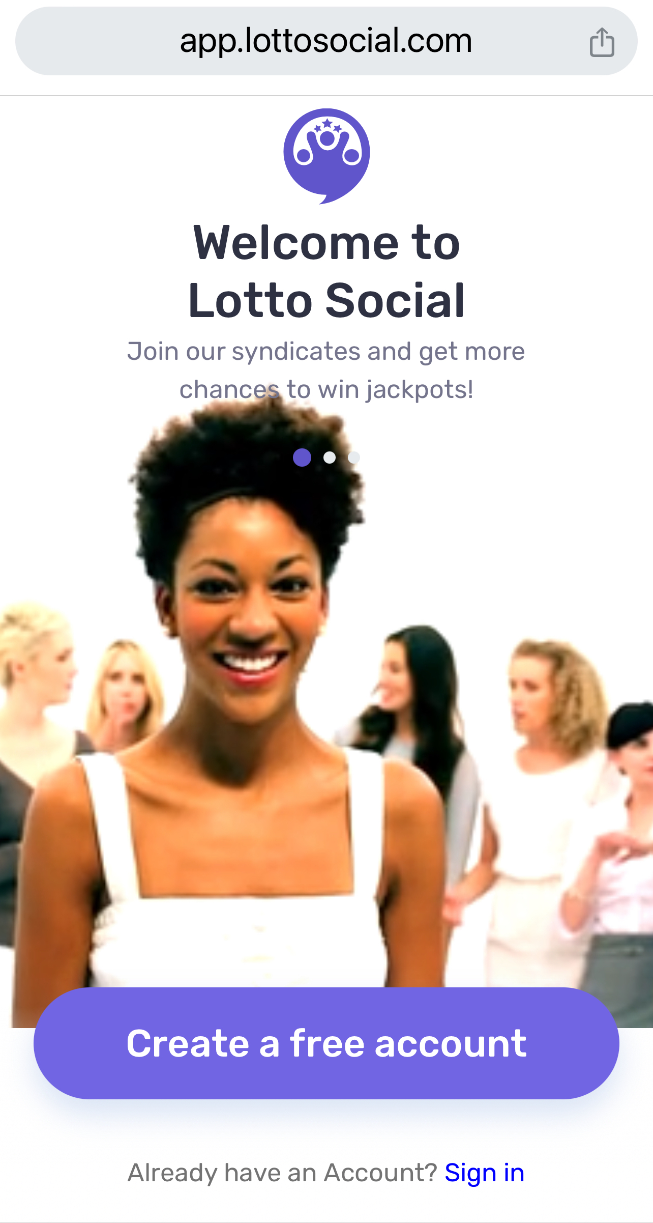 LottoSocial user interface showing the home screen and welcome message