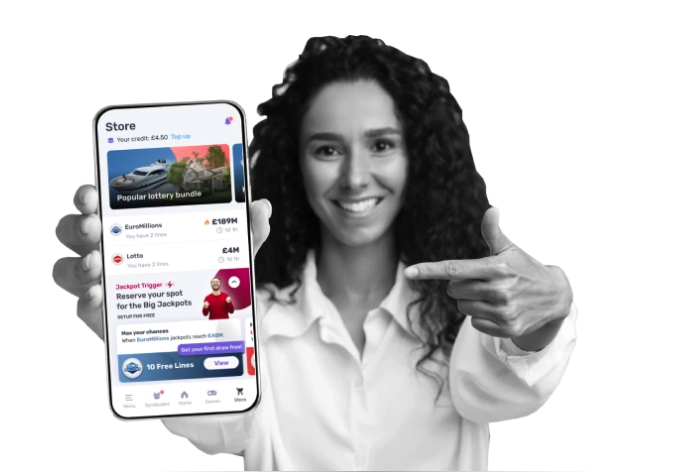 young lady holding a mobile phone and pointing to the lottosocial app on the screen