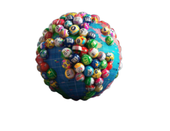 A globe with lots of colourful lottery balls covering it.