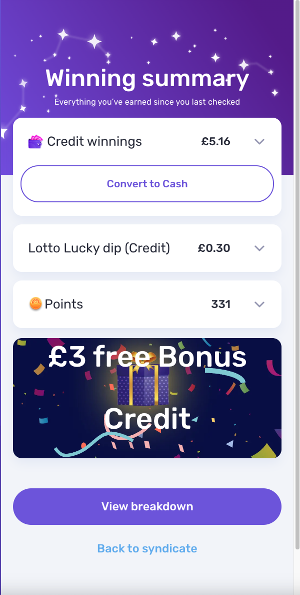 LottoSocial winning summary screen showing credit winnings and points"