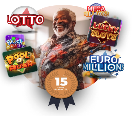 A celebratory image featuring a person with various lottery game logos (Lotto, Mega Millions, EuroMillions, etc.) around them, with a 15-year guarantee badge.