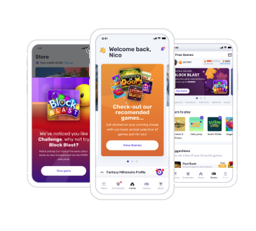 Mobile screen displaying personalised recommendations for games like Block Blast and other featured games in the app.